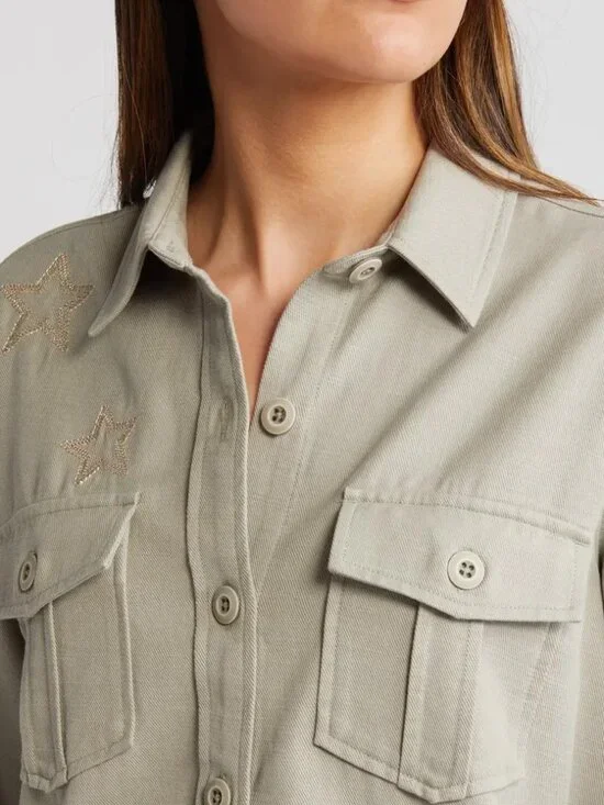 RAILS Loren Star Embroidered Raw Hem Twill Shirt Jacket in Sage - Picture 3 of 5